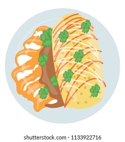 
A wrapped tortilla along with cheesy bread pieces making an icon for burrito 
