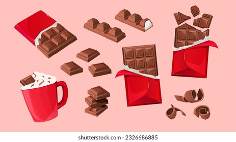 wrapped and unwrapped chocolate bars, filled chocolates, hot chocolate