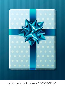 Wrapped Vintage Gift Box With Blue Ribbon And Decorative Gift Bow. Surprise And Present In Retro Style. Decoration For Holidays Designs. Polka Dot Pattern. Top View. Realistic Vector Illustration.