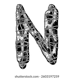 Wrapped in wire letter. Grungy vector font. Art lettering.