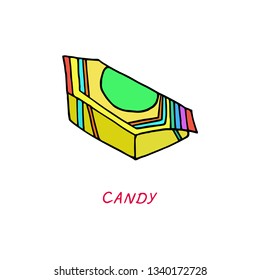 Wrapped yellow striped candy drawing, vintage doodle illustration style, hand drawn, sketch, vector with inscription