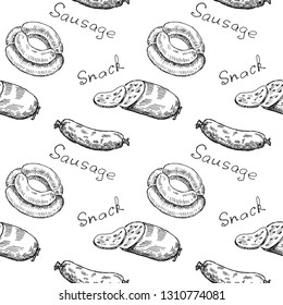 Wrapper. Vintage seamless pattern with sausage, snack and text. Retro hand drawn vector illustration background. Isolated.