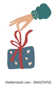 Wrapping Christmas gift box. Woman hand unties a ribbon on a gift. postcard for New Year and Merry Christmas. Perfect for design greeting cards, poster, card, packaging paper design. Vector