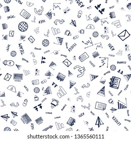 Wrapping decorated by seamless objects, dollar and euro, growing chart and diagram, pc and paper, idea symbol and sale, currency and calendar vector. Seamless pattern on white background