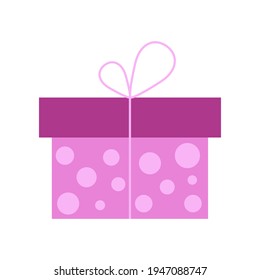 Wrapping gift box with a surprise wrapped in pink, purple or lilac paper. Can be used as an icon, symbol or sign. Stock vector festive illustration gift box with circles, isolated on white background.