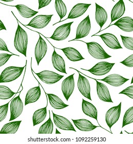 Envolver hojas de té verde patrón sin fisuras ilustración vectorial. El arbusto mínimo de la planta de té deja adorno de tela floral. Patrón de fondo repetido y esquemático herbal con elementos naturales.