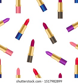 Wrapping Lipsticks Background. Seamless vector pattern with isolated cosmetic elements. Template for gift wrappings, cards, scarfs and dresses. On white.