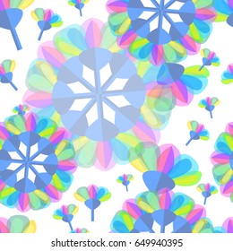 Wrapping mandalas. Simple seamless geometric pattern with floral elements. Spring and summer textile collection. Trendy color palette, transparent elements.