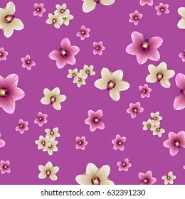 Wrapping paper, bed linen, textile. Vector background colored flower illustration. Woman and girl floral fashion. Abstract repeated backdrop with orchid blossom in hawaii tropical style