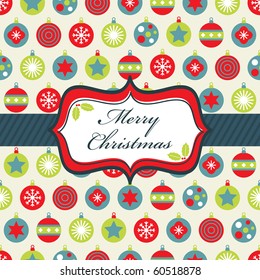 Wrapping paper with blue, green and red Christmas baubles and banner