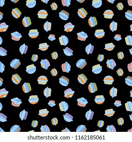 Wrapping paper. Bright birthday pattern on black, blue and neutral. Watercolor seamless pattern with cupcakes. Vector.