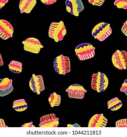 Wrapping paper. Cake, cap, cone. Vector illustration. Seamless bright birthday pattern on black, yellow and pink.