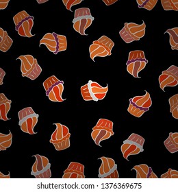 Wrapping paper. Cake, cap, cone. Vector illustration. Seamless bright birthday pattern on black, orange and white.