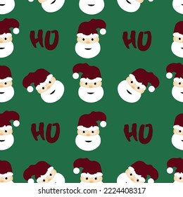 Wrapping paper with character of santa claus and ho ho ho. Seamless pattern with santa and inscription ho on green background. New year concept.