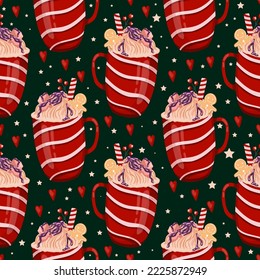 Wrapping paper with Christmas cups. Hot winter drink with marshmallows and cream. Cozy seamless pattern in hygge style. Christmas ornament.