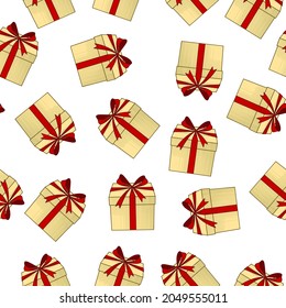 Papel envuelto con cajas de regalo con cinta roja y arco. Fondo festivo sin fisuras. Dibujo estilizado de grabado de época
