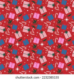Faltpapier für Weihnachtsgeschenkschachteln. Weihnachtsnahtloses Muster mit Geschenkbox und Bonbons, Neujahrsdesign, Vektorgrafik