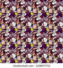Wrapping paper for Christmas gifts. New year Vector illustration. Christmas vector seamless pattern with candies on purple, white and black background.