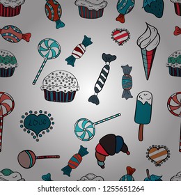 Wrapping paper for Christmas gifts. New year Vector illustration. Christmas vector seamless pattern with candies on white, blue and black background.