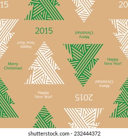 Wrapping paper for Christmas gifts. Christmas seamless pattern. Printing in two colors on kraft paper. Christmas trees. Merry Christmas. Happy New Year. Vector.
