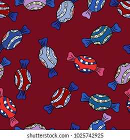 Wrapping paper for Christmas gifts. Christmas vector seamless pattern with candies on red, blue and black background. New year Vector illustration.