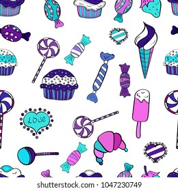 Wrapping paper for Christmas gifts. Christmas vector seamless pattern with candies on white, blue and violet background. New year Vector illustration.