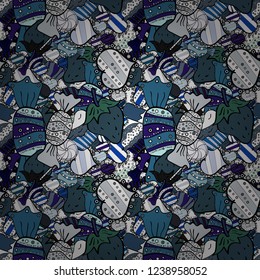 Wrapping paper for Christmas gifts. Christmas vector seamless pattern with candies on white, black and blue background. New year Vector illustration.