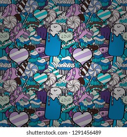 Wrapping paper for Christmas gifts. Christmas vector seamless pattern with candies on blue, black and white background. New year Vector illustration.