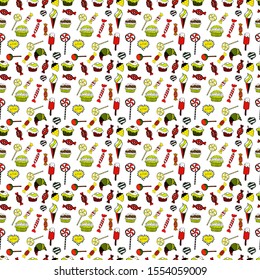 Wrapping paper for Christmas gifts. Christmas vector seamless pattern with candies on yellow, black and white background. New year Vector illustration.
