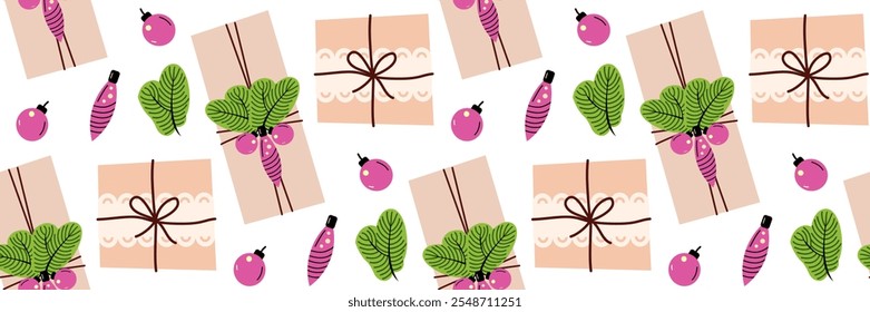 Wrapping paper crafted from handmade paper. Christmas motif. Rustic gift box decoration toys, spruce, and berries. Preparing for the New Year festivities. Winter pattern. Vector flat illustration.