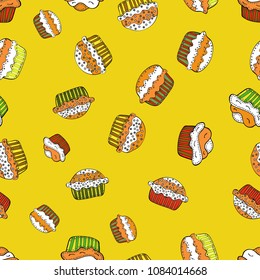 Wrapping paper. Cute birthday background on yellow, orange, white, black and brown. Cupcake seamless pattern. Sweets background design. Vector illustration.