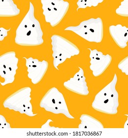 Wrapping paper design. Ghosts pattern seamless. Bright orange background. Halloween.