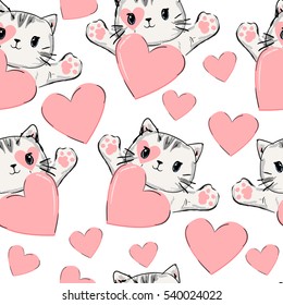 wrapping paper design Valentine's Day vector, cat and heart pattern