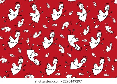 Wrapping paper with Doodle Angel on red background. Seamless pattern with simple black contour Cherub with halo. Wallpaper and bed linen print with Hand Drawn Angel. Vector illustration. Wrapper.