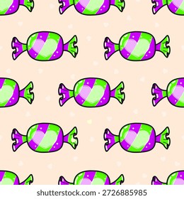 Tapete mit hellgrünen und violetten Bonbons mit zentralem Herzdesign, die einen skurrilen und sich wiederholenden Hintergrund für Süßwaren, Liebe und Kinderthemen schafft