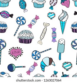 Wrapping paper. For food poster design on white, black and blue. Seamless with cupcake. Vector illustration.