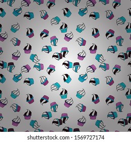 Wrapping paper. For food poster design on white, black and blue. Seamless with cupcakes. Vector illustration.