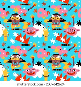 wrapping paper for gifts - 80s disco christmas.New Years celebration - seamless pattern.Background with faces, masks, carnival, festival.Psychedelic colorful style.ornament for winter posters, cards