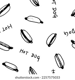 Wrapping paper for a hot dog. Fast food image. Bun with sausage and mustard. Monochrome drawing with hot dogs and lettering