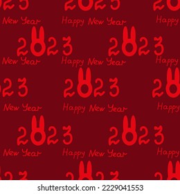 Wrapping paper with inscription happy new year, 2023 number, zero in form of rabbit, Seamless pattern with symbol chinese new year. 