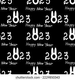 Wrapping paper with inscription happy new year, 2023 number, zero in form of rabbit, Seamless pattern with symbol chinese new year. 