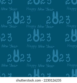 Wrapping paper with inscription happy new year, 2023 number, zero in form of rabbit, Seamless pattern with symbol chinese new year. 