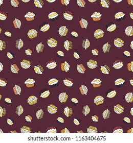 Wrapping paper. Nice birthday background on brown, white and beige. Seamless pattern with cakes. Vector illustration.