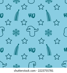 Wrapping paper with outline character of santa claus, reindeer, snowflakes, christmas tree and stars. Seamless pattern with santa on blue background. New year concept. 