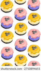 Wrapping paper pattern with colorful mini cake on a white background