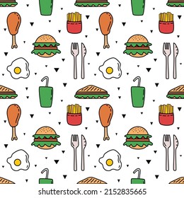 Envuelto patrón de papel con comida rápida. Vector de dibujos animados. Patrón de decoración incomparable.