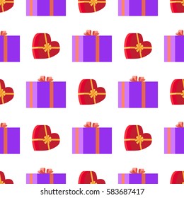 Wrapping paper with red and violet gift boxes with yellow and purple ribbons in square and heart shapes on white. Seamless festive pattern for decorating objects. Endless vector decorative fabric