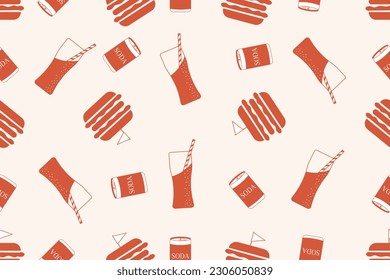 Wrapping paper with Retro Fast Food. Burger cartoon Seamless pattern. Elements for Burger cafe, restaurant, bistro. Wallpaper and bed linen print. Vector illustration.