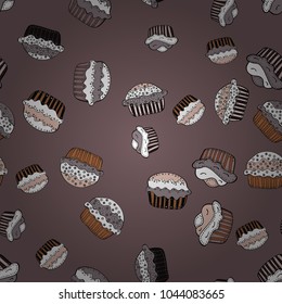 Wrapping paper. Seamless with cupcake on brown, white and gray Background. For food poster design. Vector illustration.