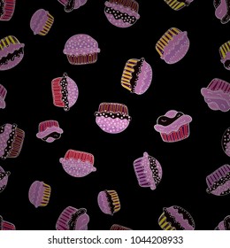 Wrapping paper. Seamless with cupcake on black, pink and white Background. For food poster design. Vector illustration.